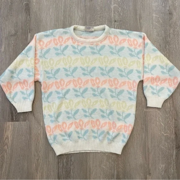VINTAGE 1980s Justin Allen Spring Cottagecore Pastel Sweater - Size M - Picture 2 of 13